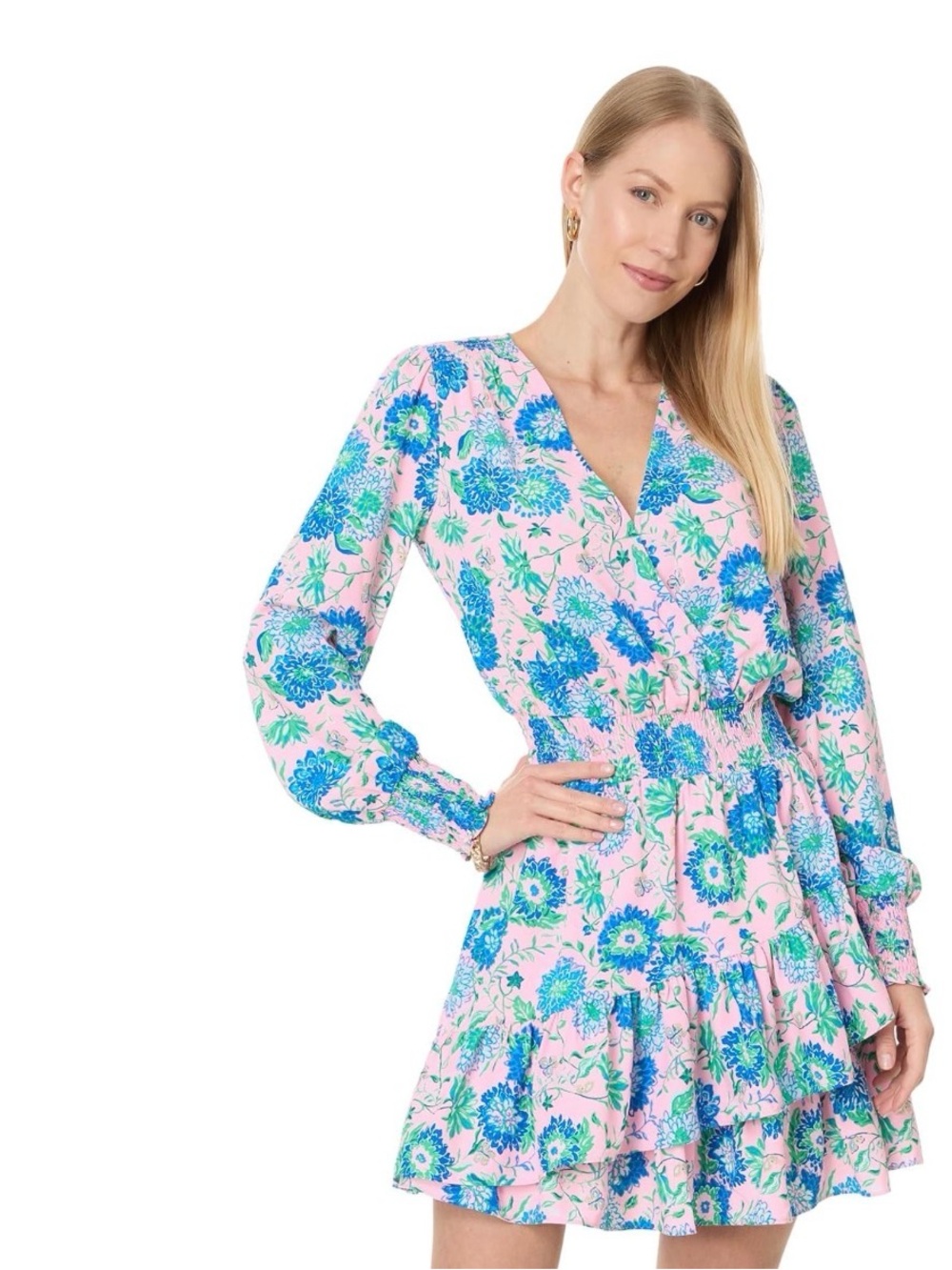 Lilly Pulitzer Pink Floral Wrap-Style Tiered Dress